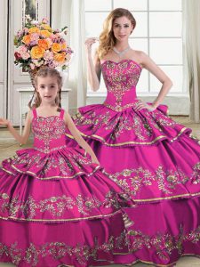 Great Sleeveless Floor Length Ruffled Layers Lace Up Quinceanera Dress with Fuchsia