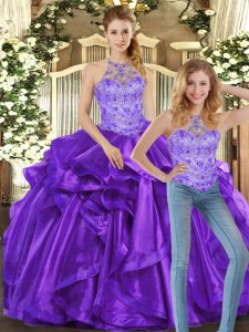 Superior Floor Length Purple Quinceanera Gown Halter Top Sleeveless Lace Up
