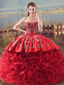 Hot Sale Sweetheart Sleeveless Brush Train Lace Up Quinceanera Gowns Coral Red Fabric With Rolling Flowers