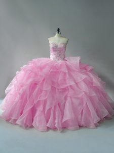 Baby Pink Sweetheart Lace Up Beading and Ruffles Quinceanera Dress Sleeveless