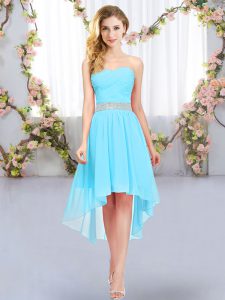 Affordable Sweetheart Sleeveless Quinceanera Court of Honor Dress High Low Belt Aqua Blue Chiffon