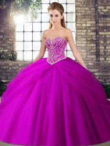 Brush Train Ball Gowns Quince Ball Gowns Fuchsia Sweetheart Tulle Sleeveless Lace Up