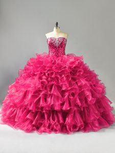 Charming Sleeveless Floor Length Beading and Ruffles Lace Up 15th Birthday Dress with Hot Pink
