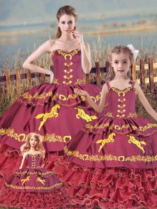 Sleeveless Floor Length Embroidery and Ruffled Layers Zipper Quinceanera Gown with Burgundy
