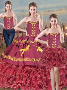 Super Sleeveless Embroidery and Ruffles Lace Up Sweet 16 Dresses with Burgundy Brush Train