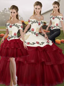 Nice Wine Red Vestidos de Quinceanera Tulle Brush Train Sleeveless Embroidery and Ruffled Layers