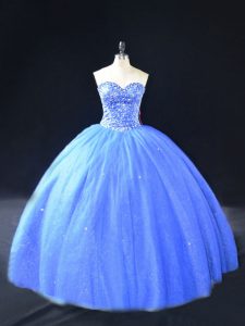 Modest Tulle Sweetheart Sleeveless Lace Up Beading Sweet 16 Quinceanera Dress in Blue
