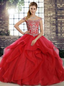 Super Red Off The Shoulder Lace Up Beading and Ruffles Sweet 16 Dresses Brush Train Sleeveless