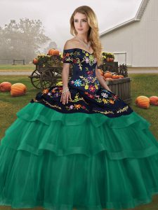 Glorious Green Quince Ball Gowns Off The Shoulder Sleeveless Brush Train Lace Up