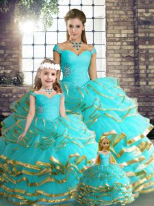 Aqua Blue Tulle Lace Up 15 Quinceanera Dress Sleeveless Floor Length Beading and Ruffled Layers