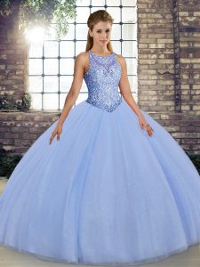 Best Lavender Ball Gowns Tulle Scoop Sleeveless Embroidery Floor Length Lace Up Sweet 16 Dress