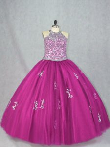 Shining Fuchsia Halter Top Lace Up Beading and Appliques Quince Ball Gowns Sleeveless