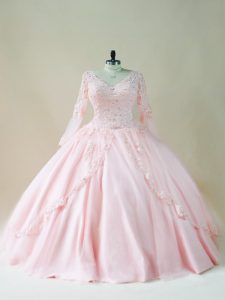 Ball Gowns Ball Gown Prom Dress Baby Pink V-neck Satin and Tulle Long Sleeves Floor Length Lace Up