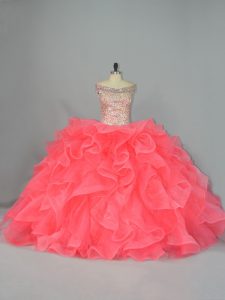 Customized Watermelon Red Ball Gowns Beading and Ruffles Sweet 16 Dress Lace Up Organza Sleeveless