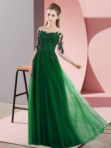 Floor Length Dark Green Dama Dress Chiffon Half Sleeves Beading and Lace