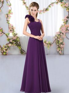 Best Dark Purple Lace Up Straps Hand Made Flower Vestidos de Damas Chiffon Sleeveless