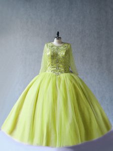 Yellow Green Sweet 16 Quinceanera Dress Sweet 16 and Quinceanera with Beading Scoop Long Sleeves Lace Up