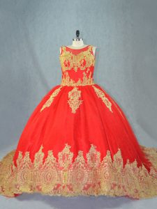 Red Lace Up Ball Gown Prom Dress Appliques Sleeveless Court Train