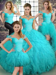 Free and Easy Aqua Blue Off The Shoulder Neckline Beading and Ruffles Quinceanera Gown Sleeveless Lace Up