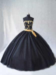 Eye-catching Black Lace Up Strapless Appliques Vestidos de Quinceanera Tulle Sleeveless
