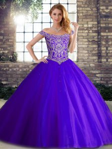 Fantastic Brush Train Ball Gowns Sweet 16 Dresses Purple Off The Shoulder Tulle Sleeveless Lace Up