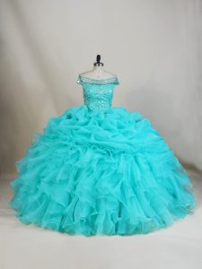 Off The Shoulder Sleeveless 15th Birthday Dress Floor Length Beading and Ruffles Aqua Blue Organza