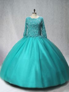 Scoop Long Sleeves Quinceanera Dress Floor Length Beading Turquoise Tulle