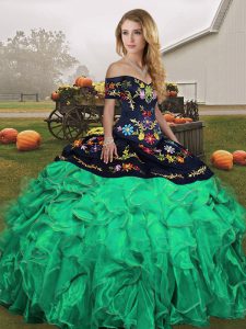 Extravagant Organza Off The Shoulder Sleeveless Lace Up Embroidery and Ruffles Quinceanera Gown in Green