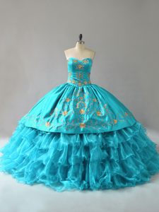 Latest Embroidery and Ruffles Quinceanera Gown Aqua Blue Lace Up Sleeveless Floor Length