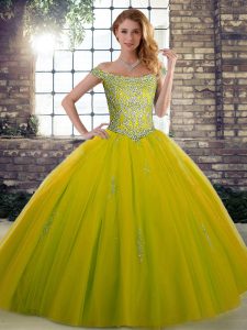 Clearance Ball Gowns Sweet 16 Dresses Olive Green Off The Shoulder Tulle Sleeveless Floor Length Lace Up