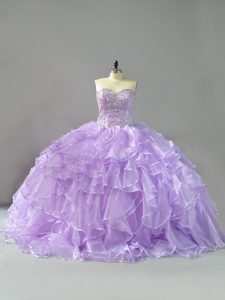 Sleeveless Organza Brush Train Lace Up 15 Quinceanera Dress in Lavender with Beading and Ruffles