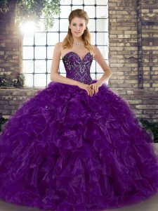 Purple Vestidos de Quinceanera Military Ball and Sweet 16 and Quinceanera with Beading and Ruffles Sweetheart Sleeveless Lace Up