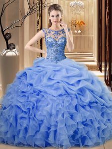 Floor Length Blue Quinceanera Gown Organza Sleeveless Beading and Ruffles