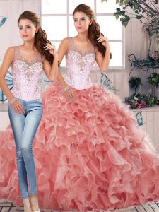 Extravagant Organza Scoop Sleeveless Clasp Handle Beading and Ruffles Sweet 16 Quinceanera Dress in Watermelon Red