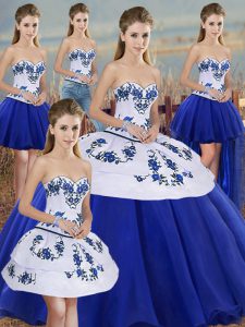 High Quality Sweetheart Sleeveless Sweet 16 Quinceanera Dress Floor Length Embroidery and Bowknot Royal Blue Tulle