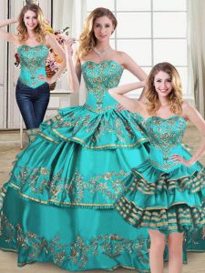 Fabulous Aqua Blue Organza Lace Up Sweetheart Sleeveless Floor Length 15 Quinceanera Dress Embroidery and Ruffled Layers