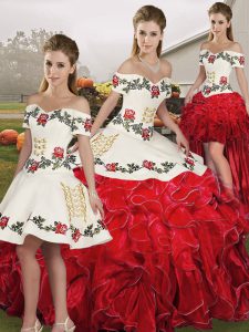 Floor Length White And Red Quinceanera Dresses Organza Sleeveless Embroidery and Ruffles