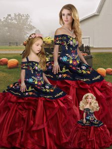 Red And Black Sleeveless Embroidery and Ruffles Floor Length 15th Birthday Dress