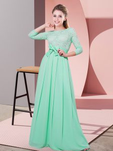 Floor Length Apple Green Quinceanera Dama Dress Chiffon 3 4 Length Sleeve Lace and Belt