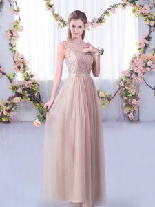 Eye-catching Floor Length Side Zipper Vestidos de Damas Pink for Wedding Party with Lace and Belt