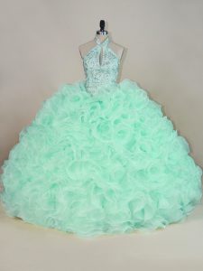 Exquisite Apple Green Lace Up Halter Top Beading and Ruffles Quinceanera Gown Fabric With Rolling Flowers Sleeveless Brush Train