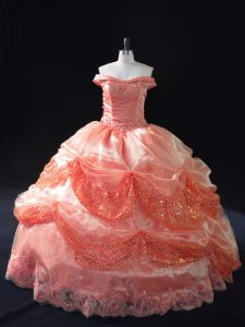 Watermelon Red Lace Up Off The Shoulder Beading and Sequins Quince Ball Gowns Organza Sleeveless
