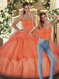 Orange Lace Up Sweetheart Ruffled Layers Quinceanera Gown Organza Sleeveless