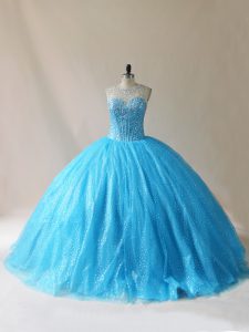 Baby Blue Sleeveless Floor Length Beading and Appliques Lace Up Quinceanera Gowns