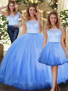 Unique Floor Length Blue Quinceanera Gowns Tulle Sleeveless Lace
