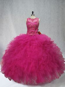 Affordable Fuchsia Lace Up 15th Birthday Dress Beading and Ruffles Sleeveless Floor Length