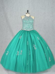 Halter Top Sleeveless Tulle Sweet 16 Quinceanera Dress Beading and Appliques Lace Up
