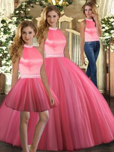 Fine Coral Red Quince Ball Gowns Sweet 16 and Quinceanera with Beading Halter Top Sleeveless Backless