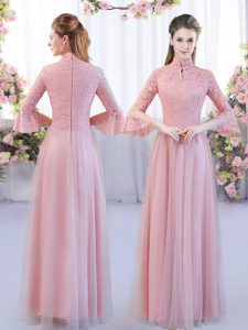 Cheap Empire Quinceanera Court of Honor Dress Pink High-neck Tulle 3 4 Length Sleeve Floor Length Zipper