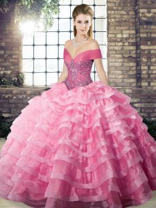 Fashionable Rose Pink Sleeveless Beading and Ruffled Layers Lace Up Quinceanera Dress